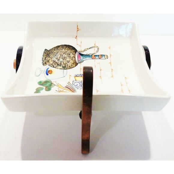 Del Coronado Nasco Porcelain Cart Bowl Fruit Cheese Tray Wagon Rolls Wood Handle - Picture 2 of 4